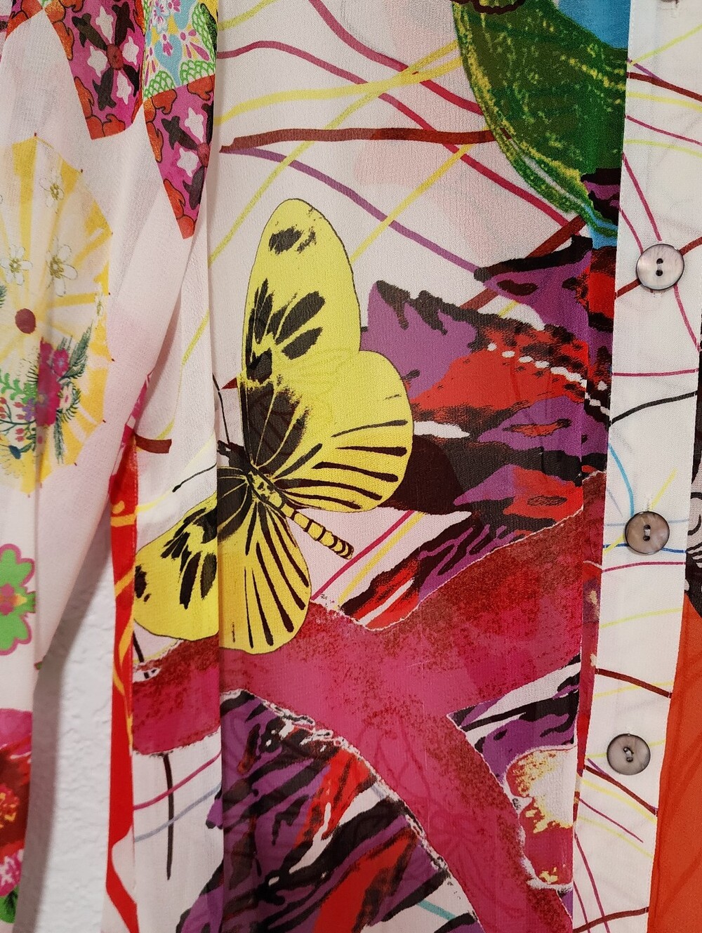 John Mark Vibrant Butterfly Floral Print Sheer Tunic Shirt Button Down Medium - Picture 9 of 13